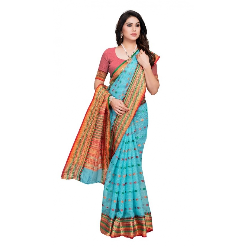 generic women's kota doria cotton woven butta saree with blouse (sky blue, 5 6 mtrs) generic women's kota doria cotton woven butta saree with blouse (sky blue, 5 6 mtrs)