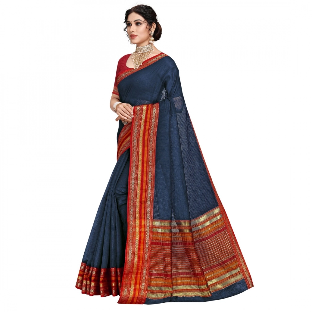generic women's kota doria cotton bordered saree with blouse (navy blue, 5 6 mtrs)