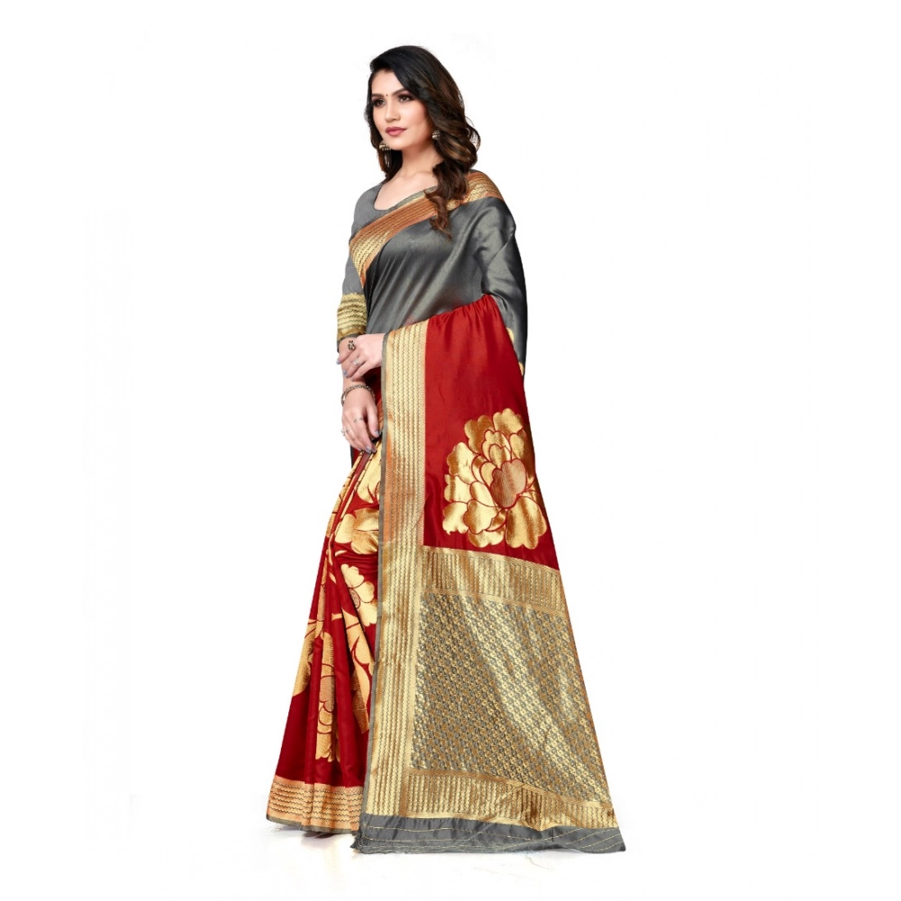 generic women's banarasi silk saree with blouse (grey, red, 5 6mtrs) generic women's banarasi silk saree with blouse (grey, red, 5 6mtrs)