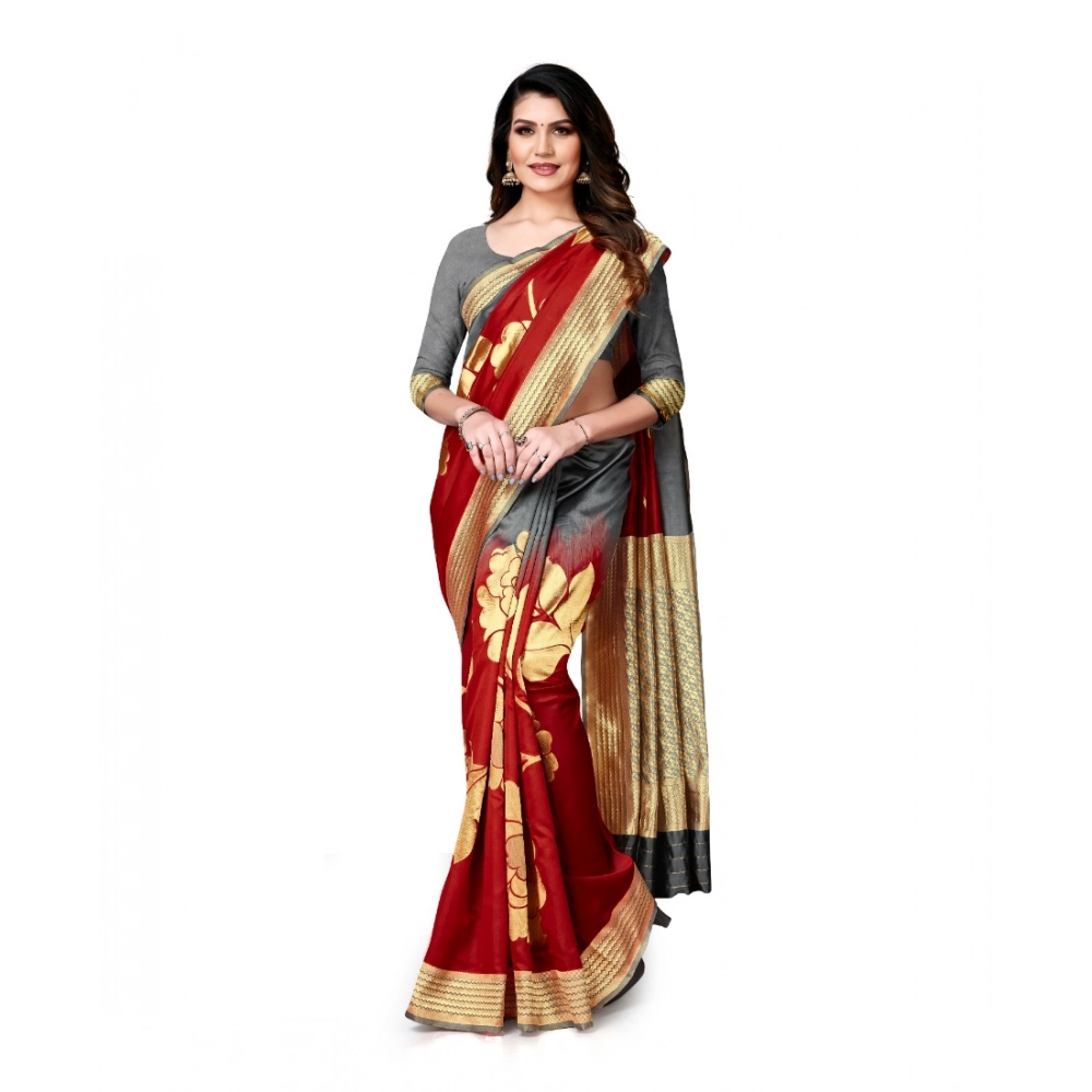 generic women's banarasi silk saree with blouse (grey, red, 5 6mtrs) generic women's banarasi silk saree with blouse (grey, red, 5 6mtrs)
