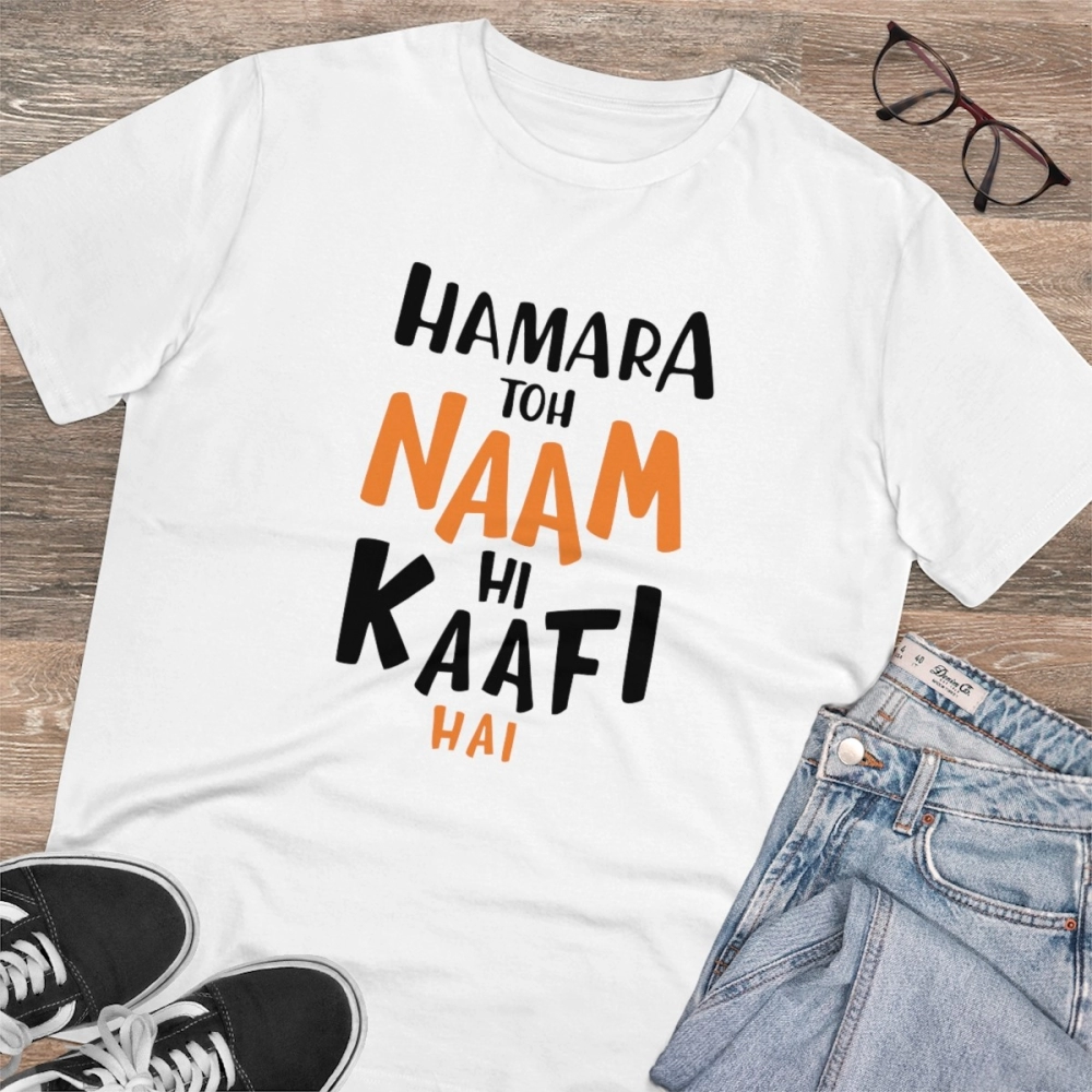 generic men's pc cotton hamara to name hi kaafi hai printed t shirt (color: white, thread count: 180gsm) generic men's pc cotton hamara to name hi kaafi hai printed t shirt (color: white, thread count: 180gsm)