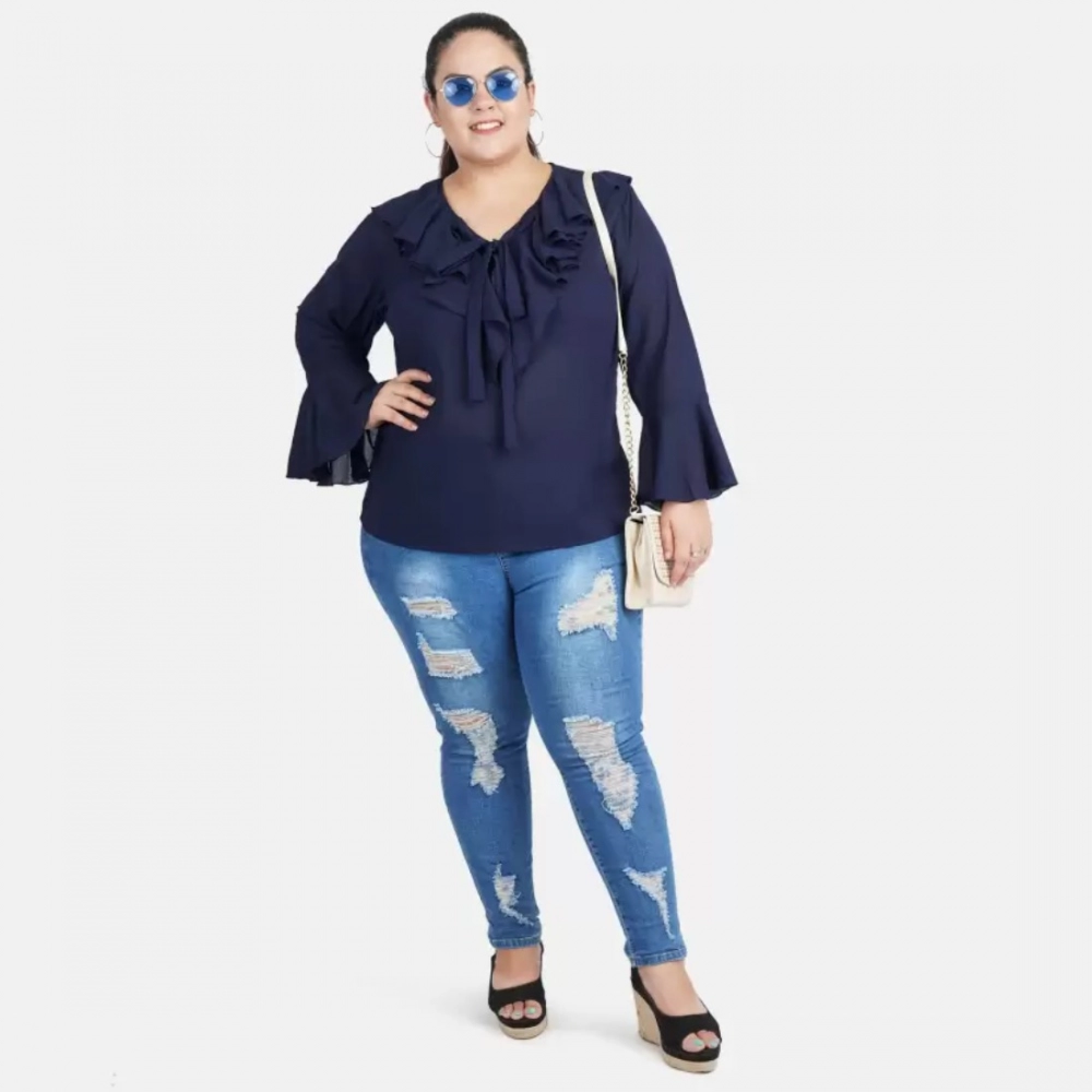 generic women's casual bell sleeve solid blue top (color:blue, material:georgette) generic women's casual bell sleeve solid blue top (color:blue, material:georgette)