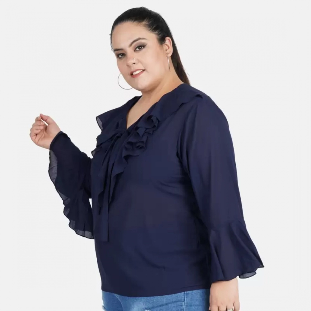 generic women's casual bell sleeve solid blue top (color:blue, material:georgette) generic women's casual bell sleeve solid blue top (color:blue, material:georgette)