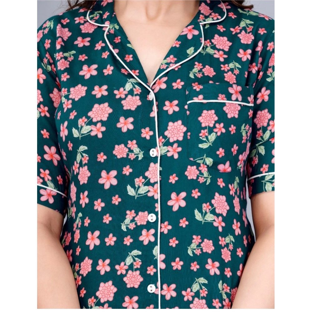 generic women's casual half sleeve printed viscose rayon shirt with pyjama pant night suit set (teal) generic women's casual half sleeve printed viscose rayon shirt with pyjama pant night suit set (teal)