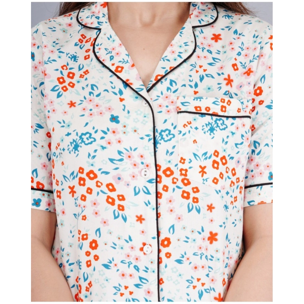 generic women's casual half sleeve printed viscose rayon shirt with pyjama pant night suit set (white) generic women's casual half sleeve printed viscose rayon shirt with pyjama pant night suit set (white)