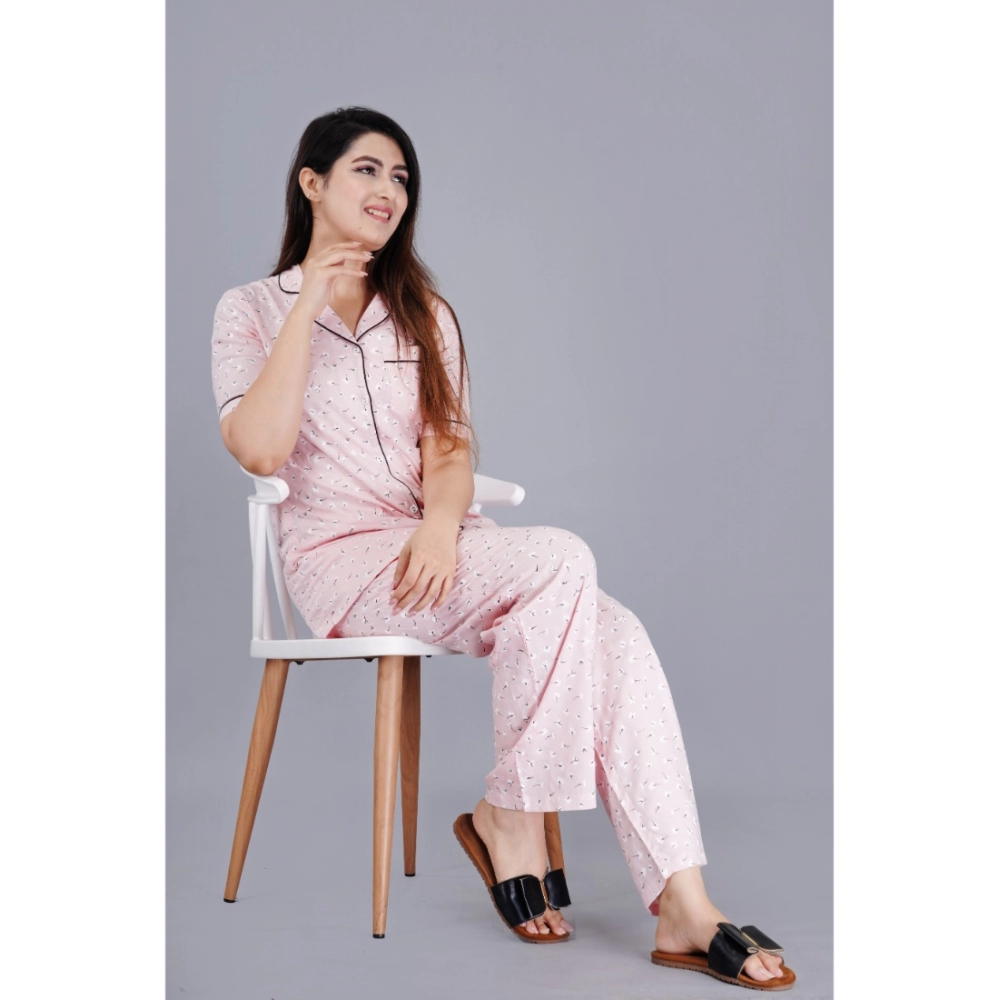 generic women's casual half sleeve printed viscose rayon shirt with pyjama pant night suit set (pink) generic women's casual half sleeve printed viscose rayon shirt with pyjama pant night suit set (pink)