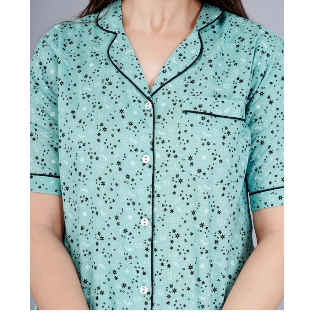 generic women's casual half sleeve printed viscose rayon shirt with pyjama pant night suit set (green) generic women's casual half sleeve printed viscose rayon shirt with pyjama pant night suit set (green)
