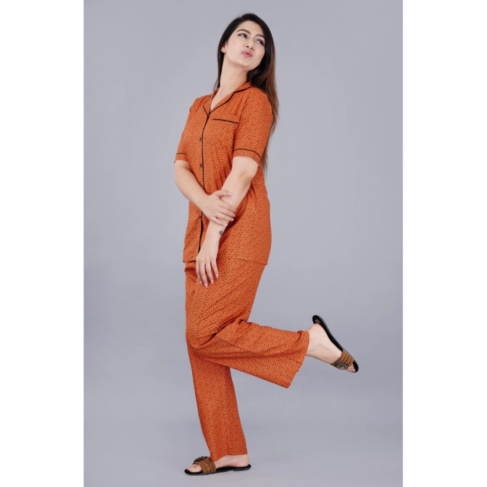 generic women's casual half sleeve printed viscose rayon shirt with pyjama pant night suit set (brown) generic women's casual half sleeve printed viscose rayon shirt with pyjama pant night suit set (brown)