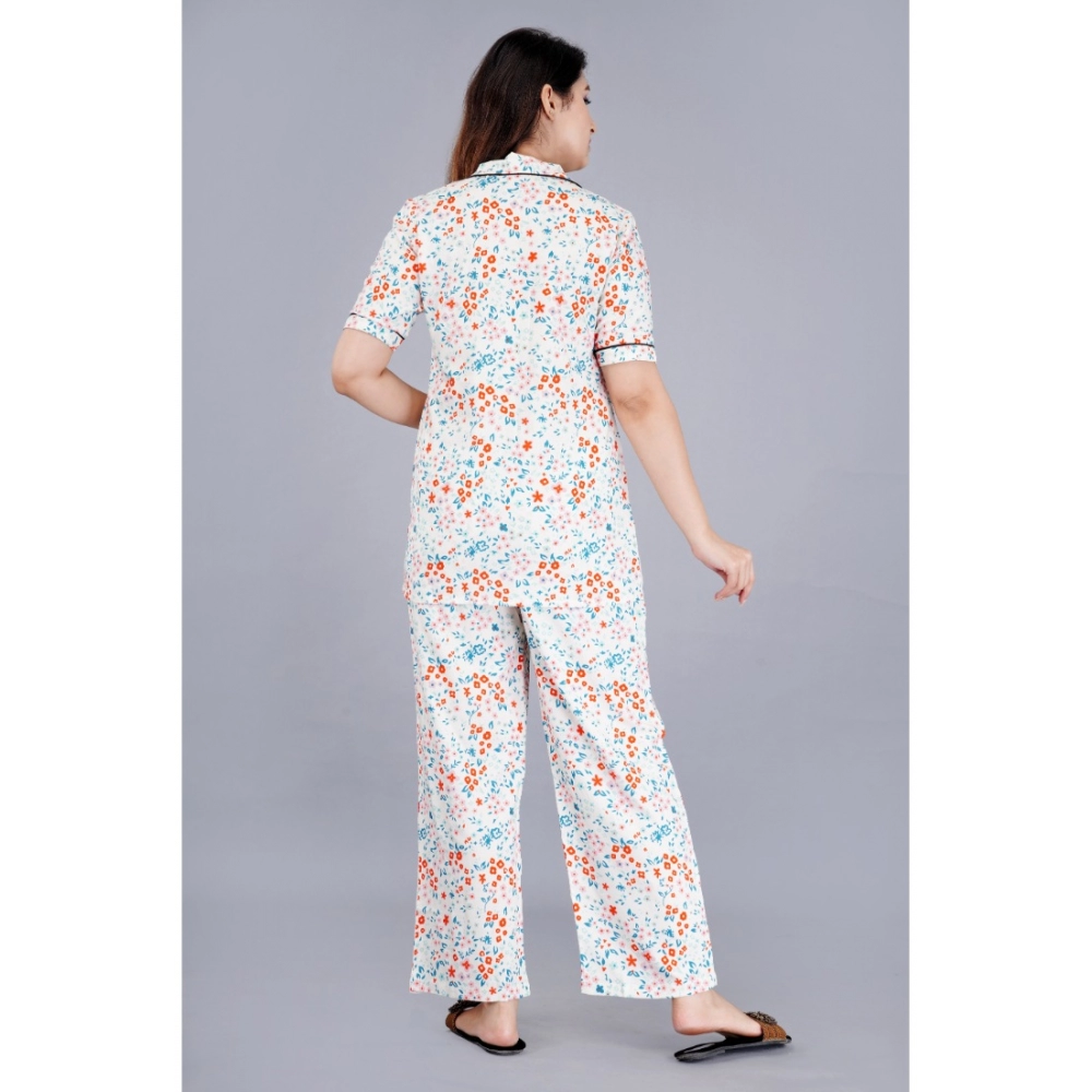 generic women's casual half sleeve printed viscose rayon shirt with pyjama pant night suit set (white) generic women's casual half sleeve printed viscose rayon shirt with pyjama pant night suit set (white)