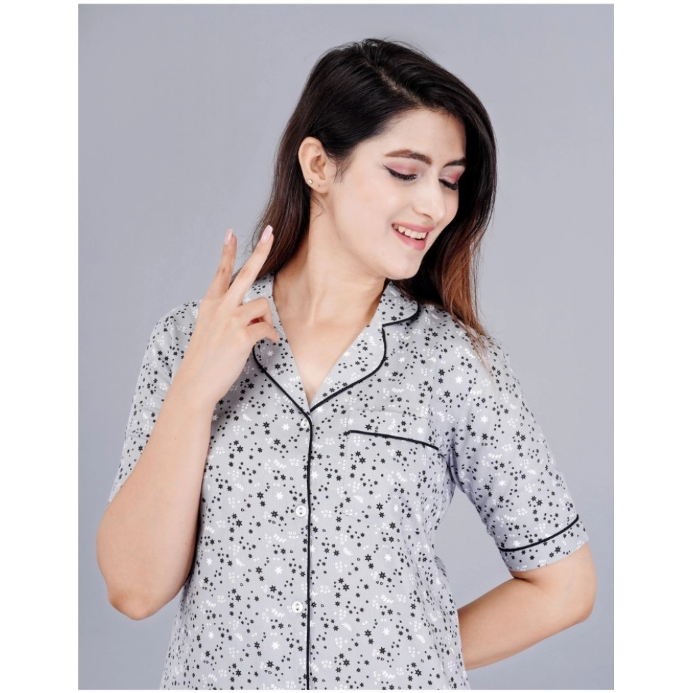 generic women's casual half sleeve printed viscose rayon shirt with pyjama pant night suit set (grey) generic women's casual half sleeve printed viscose rayon shirt with pyjama pant night suit set (grey)