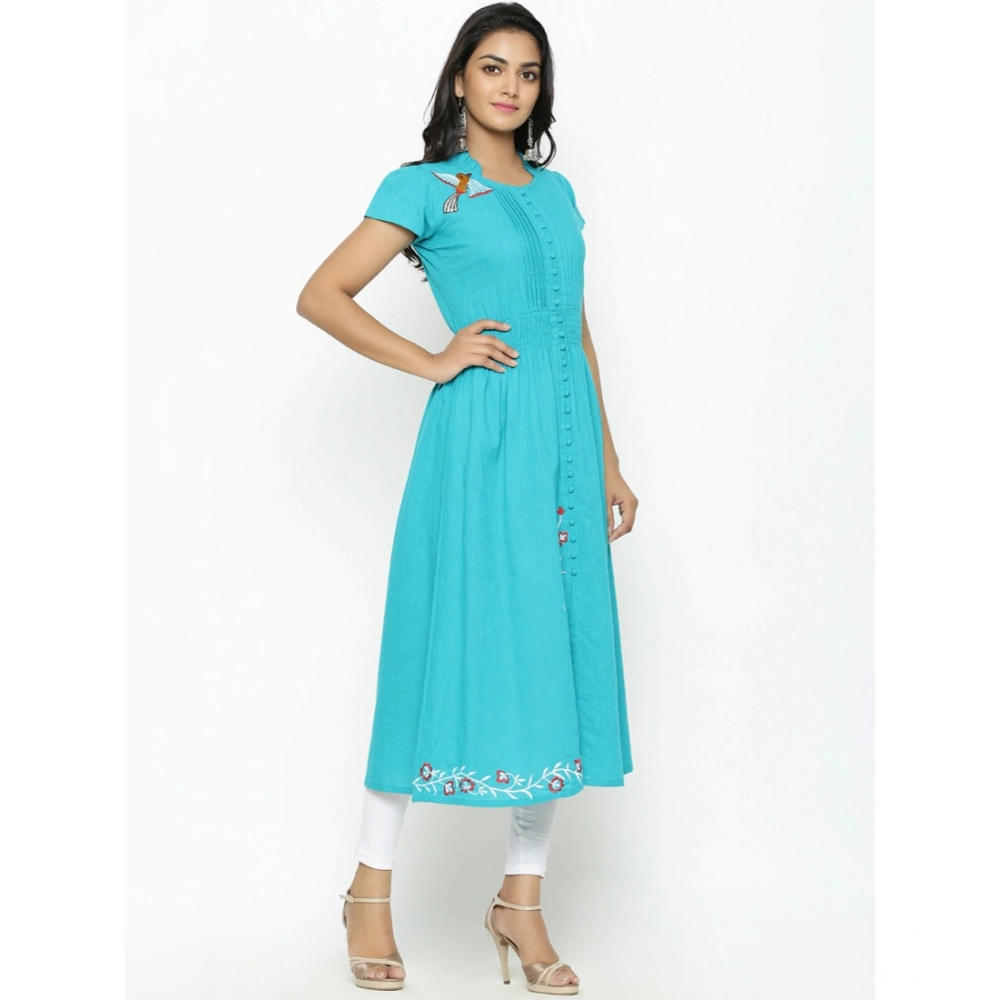 generic women's casual short sleeve embroidery cotton slub kurti (torque green) generic women's casual short sleeve embroidery cotton slub kurti (torque green)