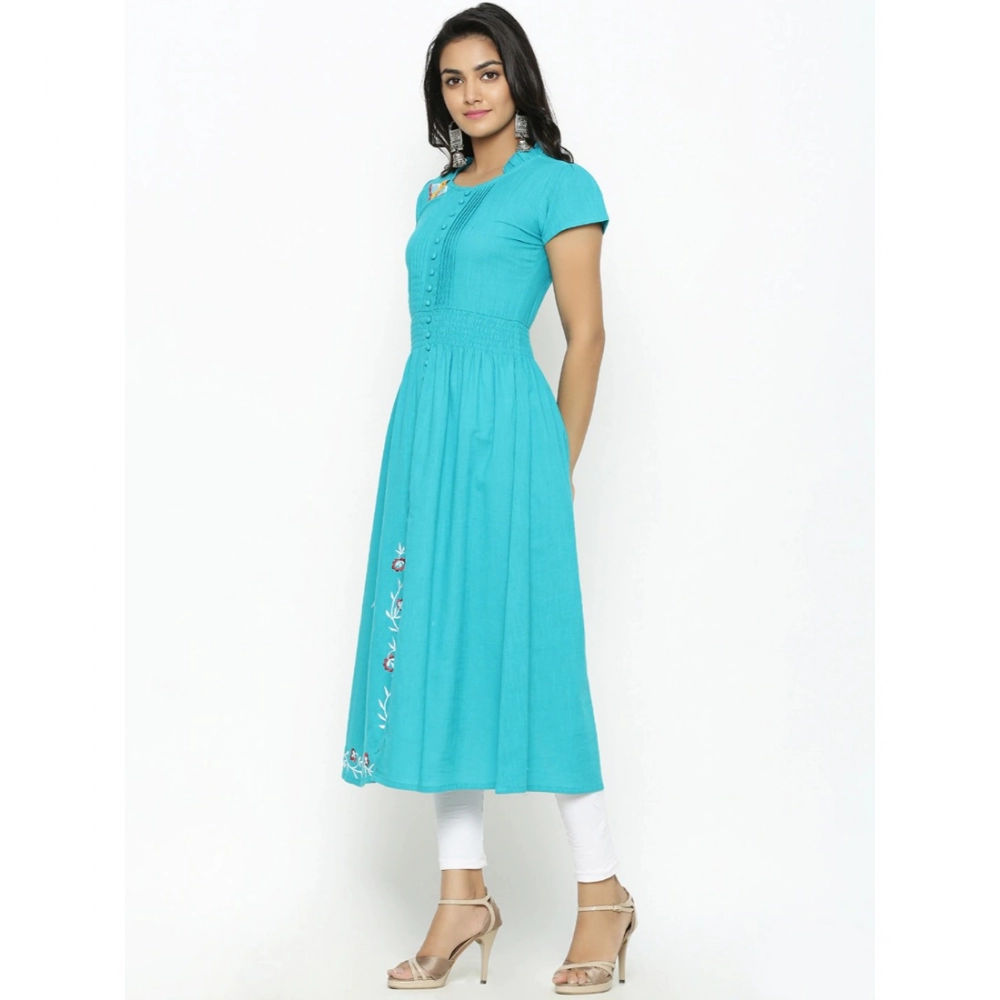 generic women's casual short sleeve embroidery cotton slub kurti (torque green) generic women's casual short sleeve embroidery cotton slub kurti (torque green)