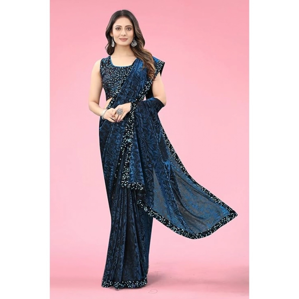 generic women's lycra floral saree with unstitched blouse (blue, 5.5 mtr) generic women's lycra floral saree with unstitched blouse (blue, 5.5 mtr)