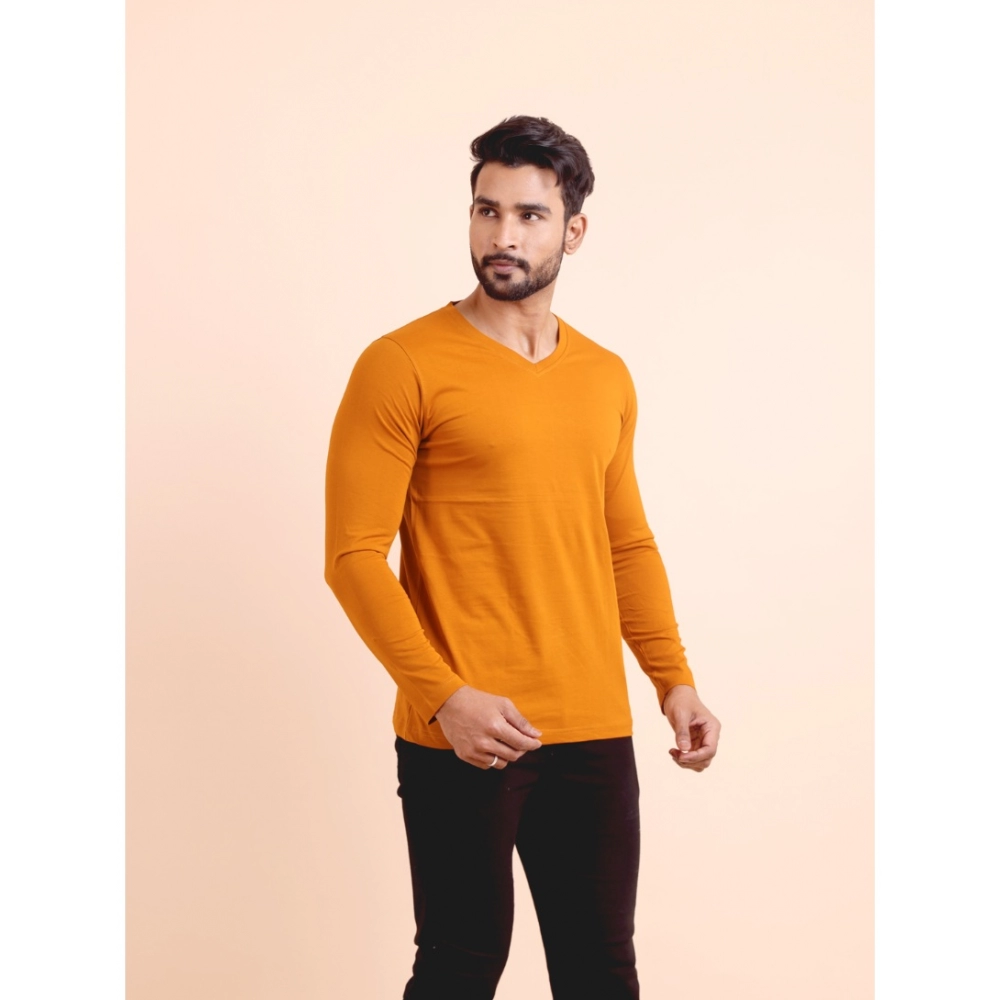 generic men's casual cotton solid v neck full sleeve t shirt (mustard) generic men's casual cotton solid v neck full sleeve t shirt (mustard)