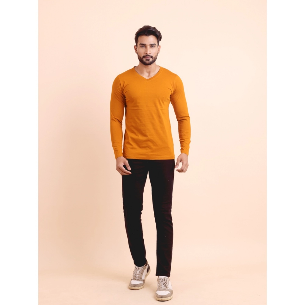 generic men's casual cotton solid v neck full sleeve t shirt (mustard) generic men's casual cotton solid v neck full sleeve t shirt (mustard)