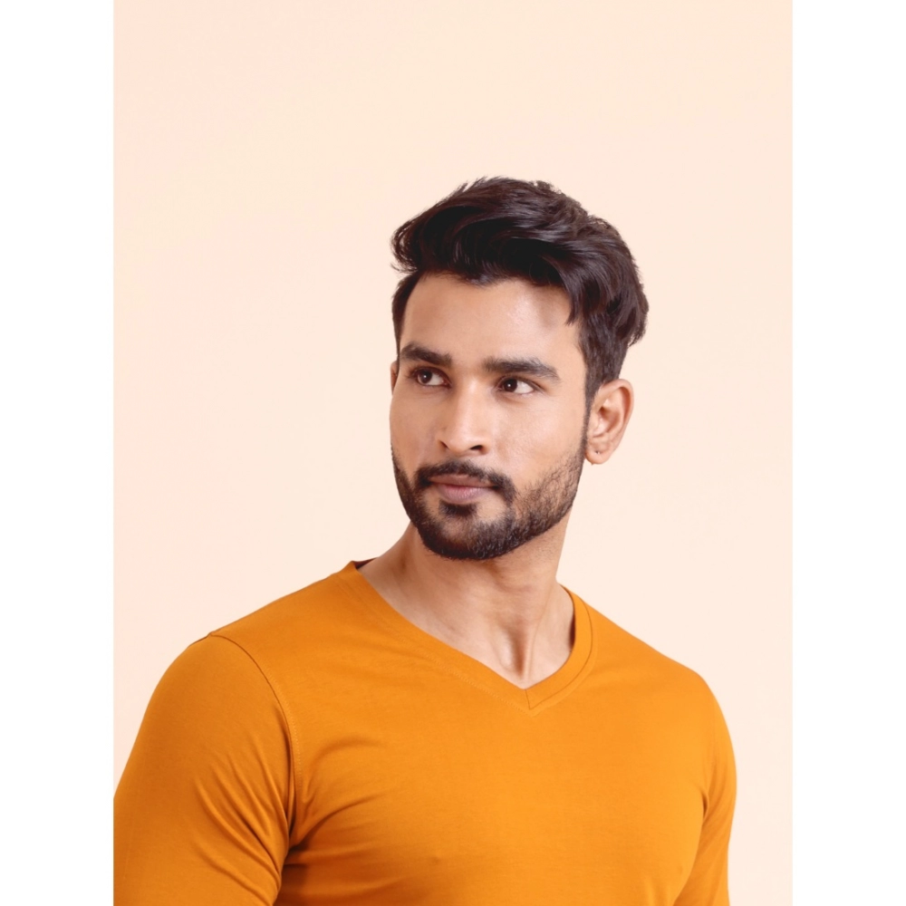 generic men's casual cotton solid v neck full sleeve t shirt (mustard) generic men's casual cotton solid v neck full sleeve t shirt (mustard)