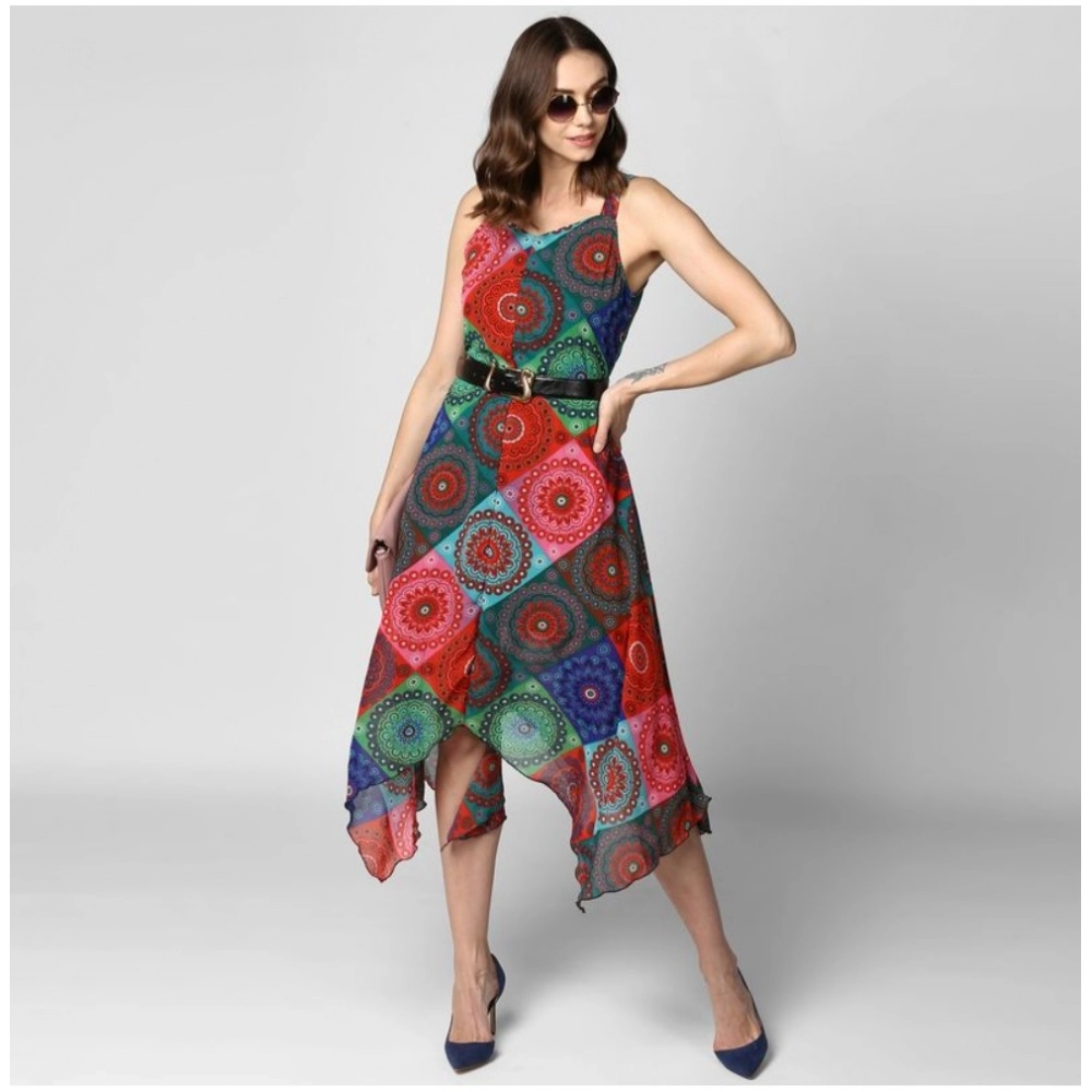 generic women's polyester asymmetrical shoulder straps knee length dress (multicolor) generic women's polyester asymmetrical shoulder straps knee length dress (multicolor)