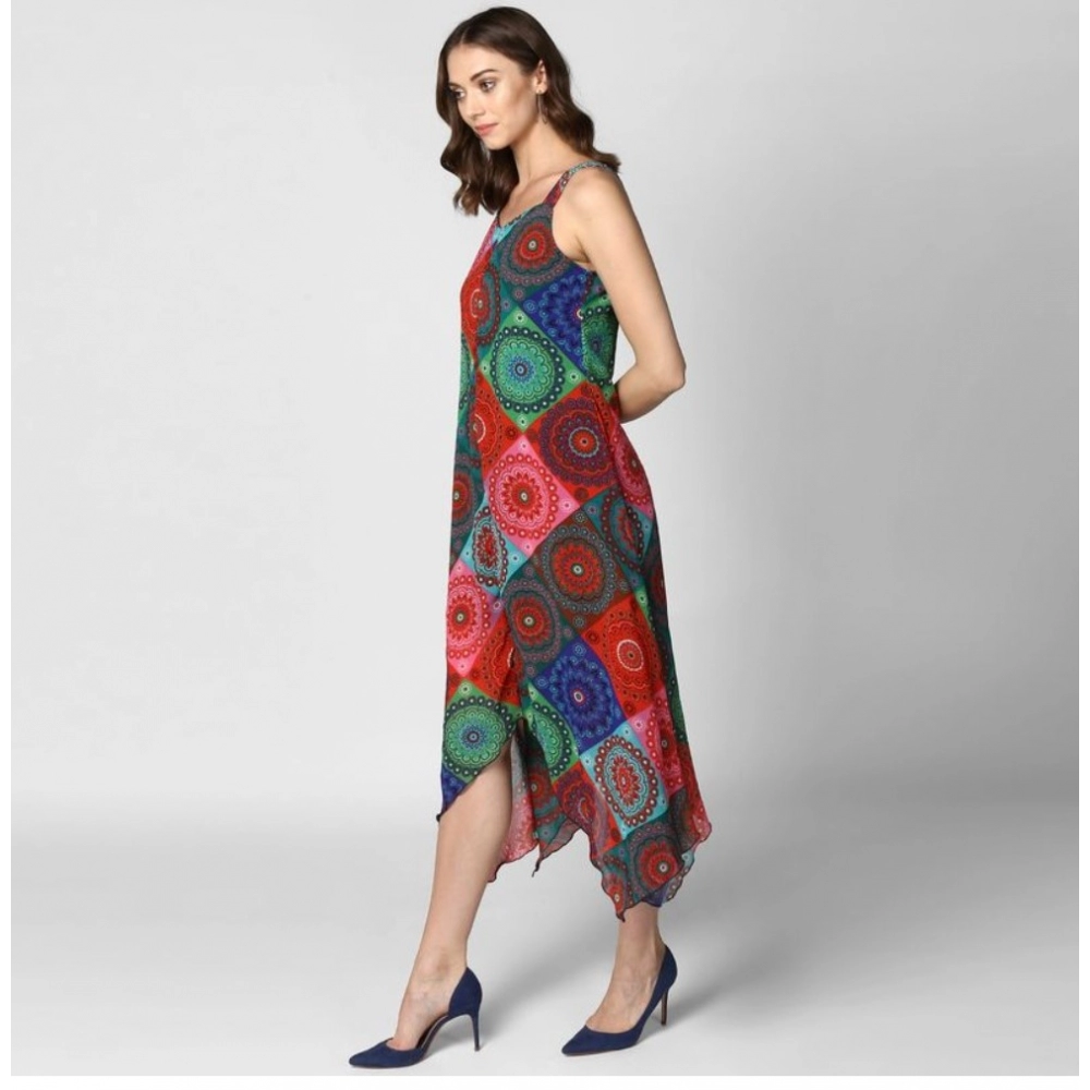 generic women's polyester asymmetrical shoulder straps knee length dress (multicolor) generic women's polyester asymmetrical shoulder straps knee length dress (multicolor)