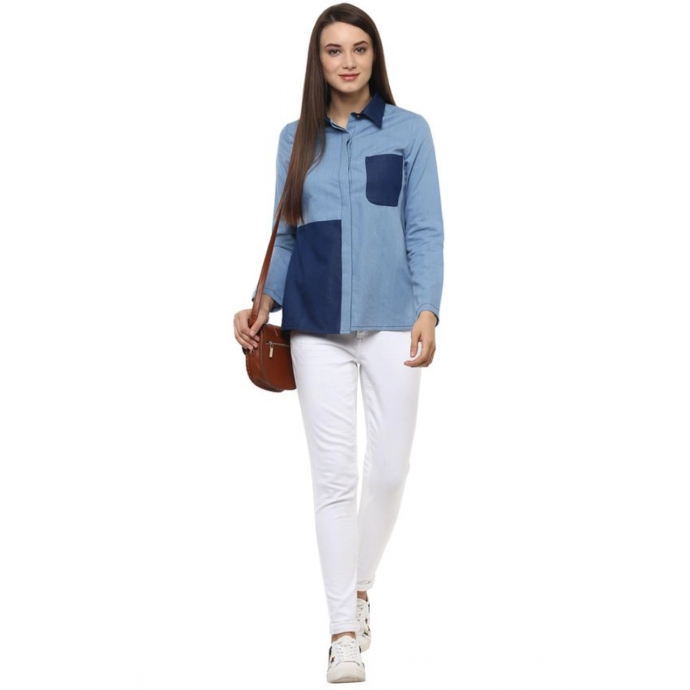 generic women's denim patch work long sleeves regular top (blue) generic women's denim patch work long sleeves regular top (blue)