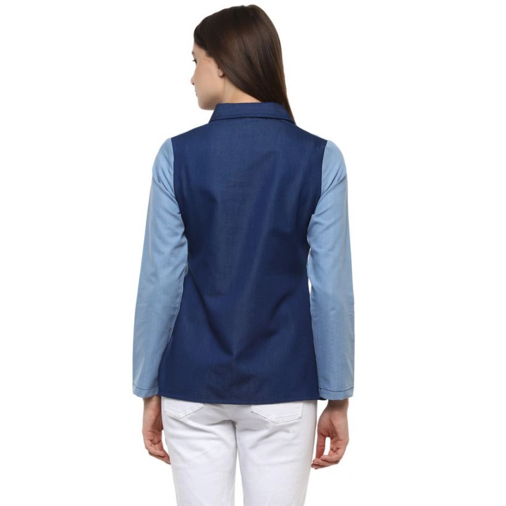 generic women's denim patch work long sleeves regular top (blue) generic women's denim patch work long sleeves regular top (blue)