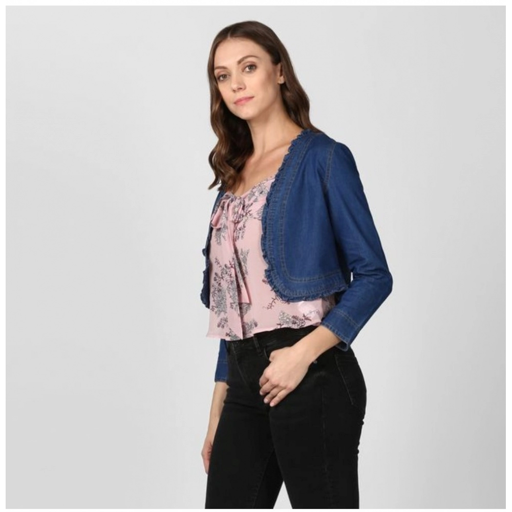 generic women's denim ruffled long sleeves shrug (navy blue) generic women's denim ruffled long sleeves shrug (navy blue)
