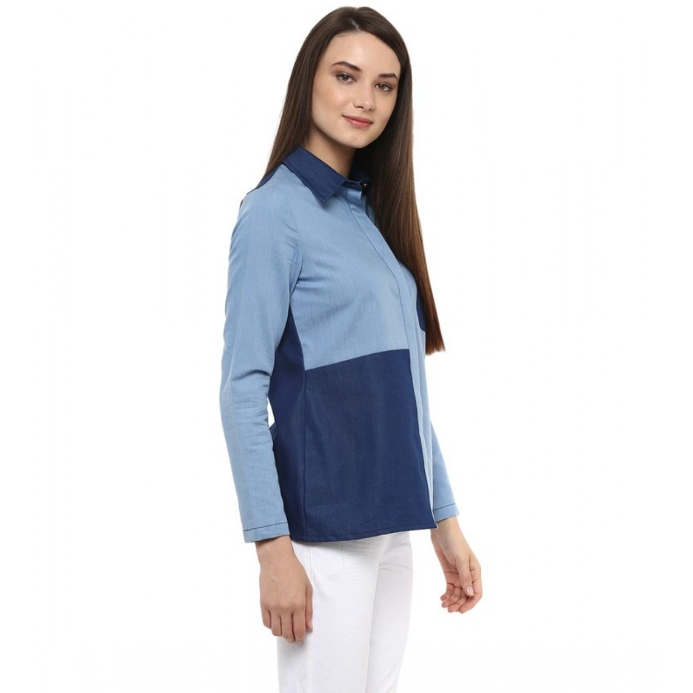 generic women's denim patch work long sleeves regular top (blue) generic women's denim patch work long sleeves regular top (blue)