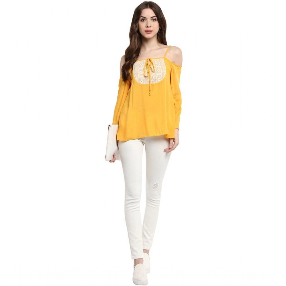 generic women's rayon embellished cold shoulder regular top (mustard yellow) generic women's rayon embellished cold shoulder regular top (mustard yellow)