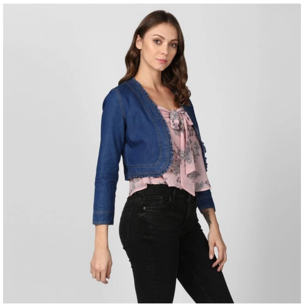 generic women's denim ruffled long sleeves shrug (navy blue) generic women's denim ruffled long sleeves shrug (navy blue)