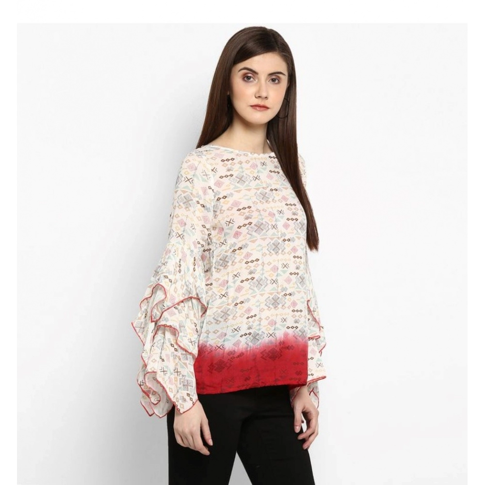 generic women's rayon crepe printed ruffle sleeve top (off white red) generic women's rayon crepe printed ruffle sleeve top (off white red)
