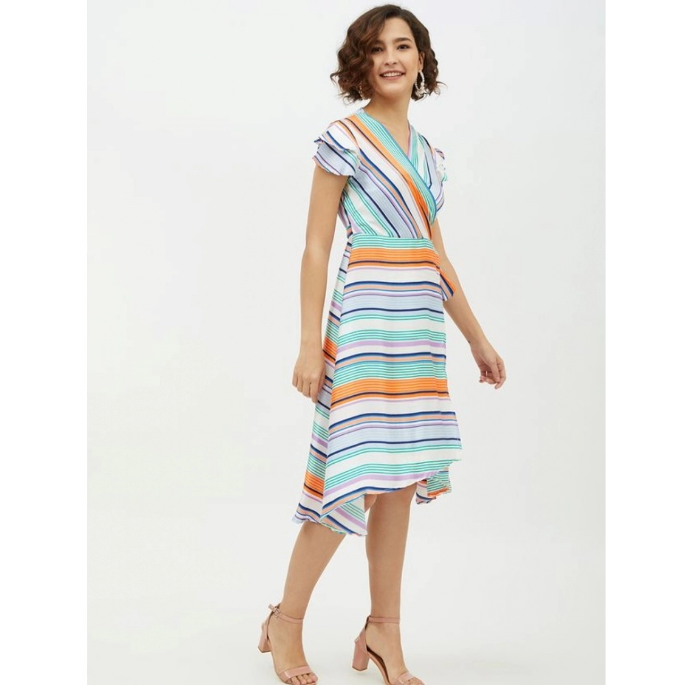 generic women's satin striped short sleeve knee length dress (multicolor) generic women's satin striped short sleeve knee length dress (multicolor)