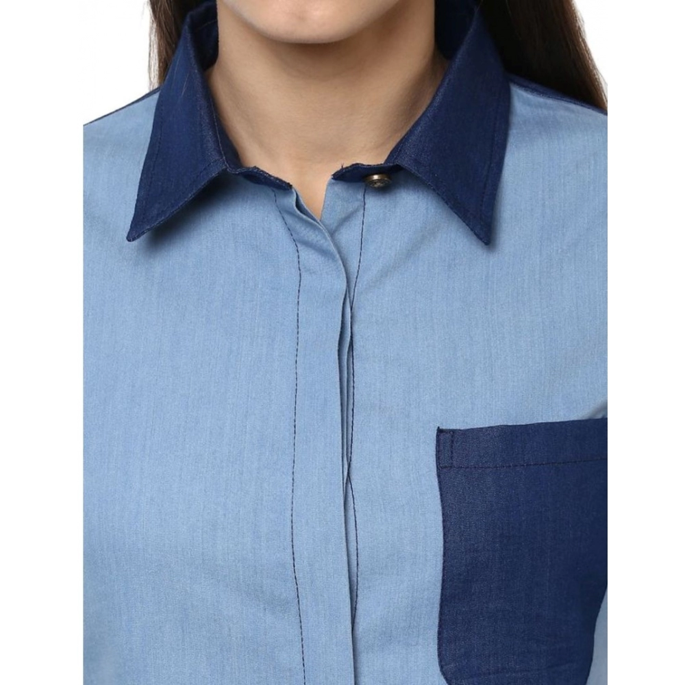 generic women's denim patch work long sleeves regular top (blue) generic women's denim patch work long sleeves regular top (blue)