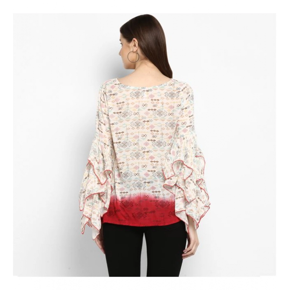 generic women's rayon crepe printed ruffle sleeve top (off white red) generic women's rayon crepe printed ruffle sleeve top (off white red)