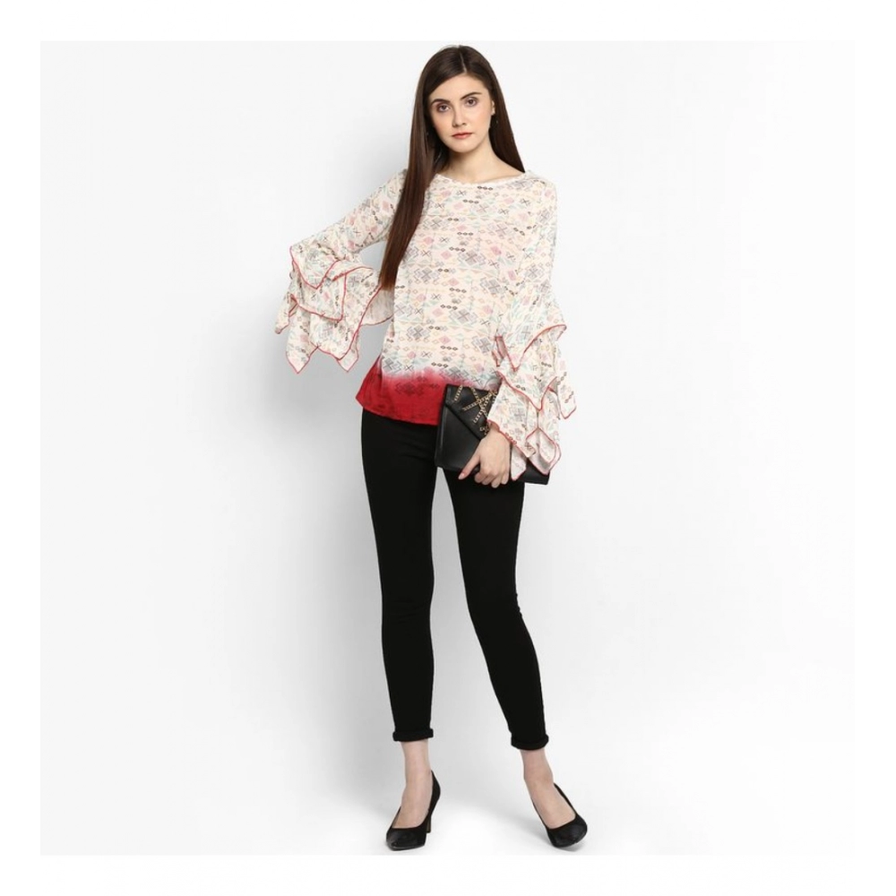 generic women's rayon crepe printed ruffle sleeve top (off white red) generic women's rayon crepe printed ruffle sleeve top (off white red)