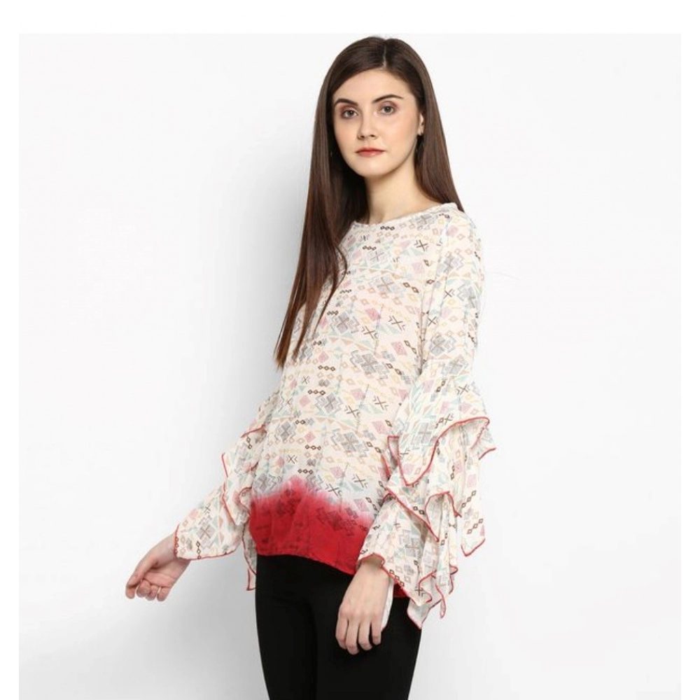 generic women's rayon crepe printed ruffle sleeve top (off white red) generic women's rayon crepe printed ruffle sleeve top (off white red)