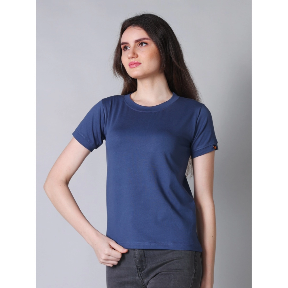 generic women's cotton blended solid round neck half sleeve t shirt (blue) generic women's cotton blended solid round neck half sleeve t shirt (blue)