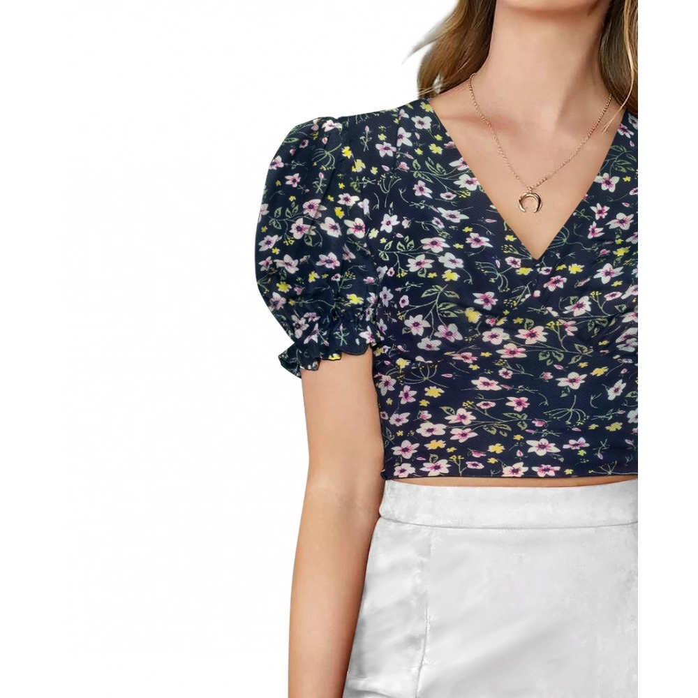 generic women's knitting printed v neck puff sleeve tops (navy blue) generic women's knitting printed v neck puff sleeve tops (navy blue)