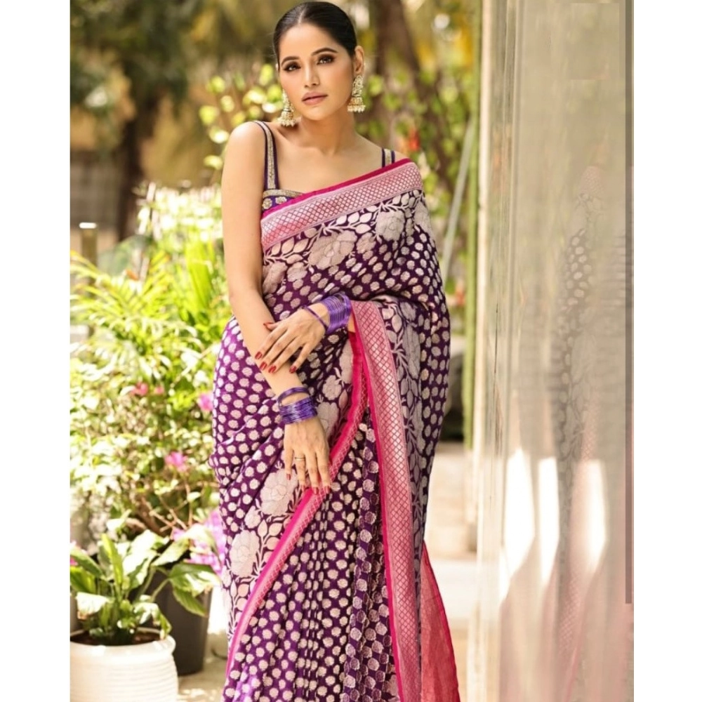 generic women's silk printed saree with unstitched blouse 5.5mtr (purple) generic women's silk printed saree with unstitched blouse 5.5mtr (purple)