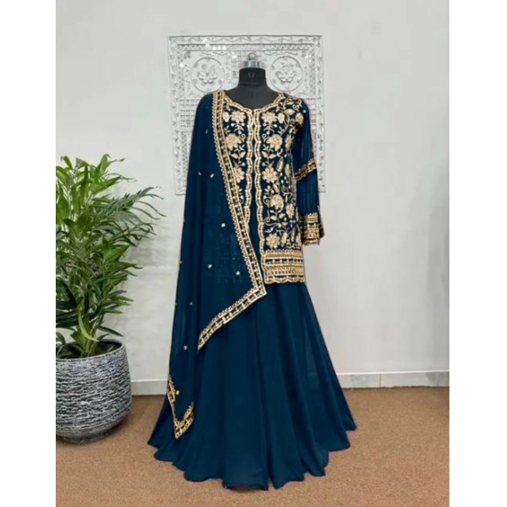 generic women's georgette embroidery 3 4th sleeve v neck kurti, palazzo and dupatta set (morpich) generic women's georgette embroidery 3 4th sleeve v neck kurti, palazzo and dupatta set (morpich)