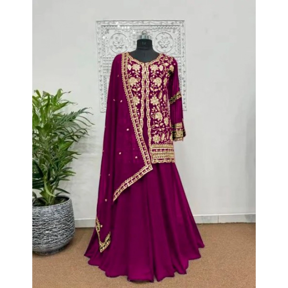 generic women's georgette embroidery 3 4th sleeve v neck kurti, palazzo and dupatta set (wine) generic women's georgette embroidery 3 4th sleeve v neck kurti, palazzo and dupatta set (wine)
