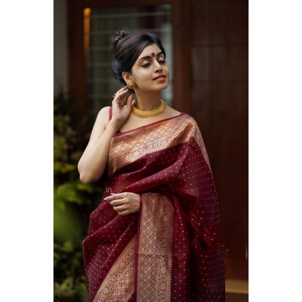 generic women's litchi silk printed saree with unstitched blouse (maroon) generic women's litchi silk printed saree with unstitched blouse (maroon)