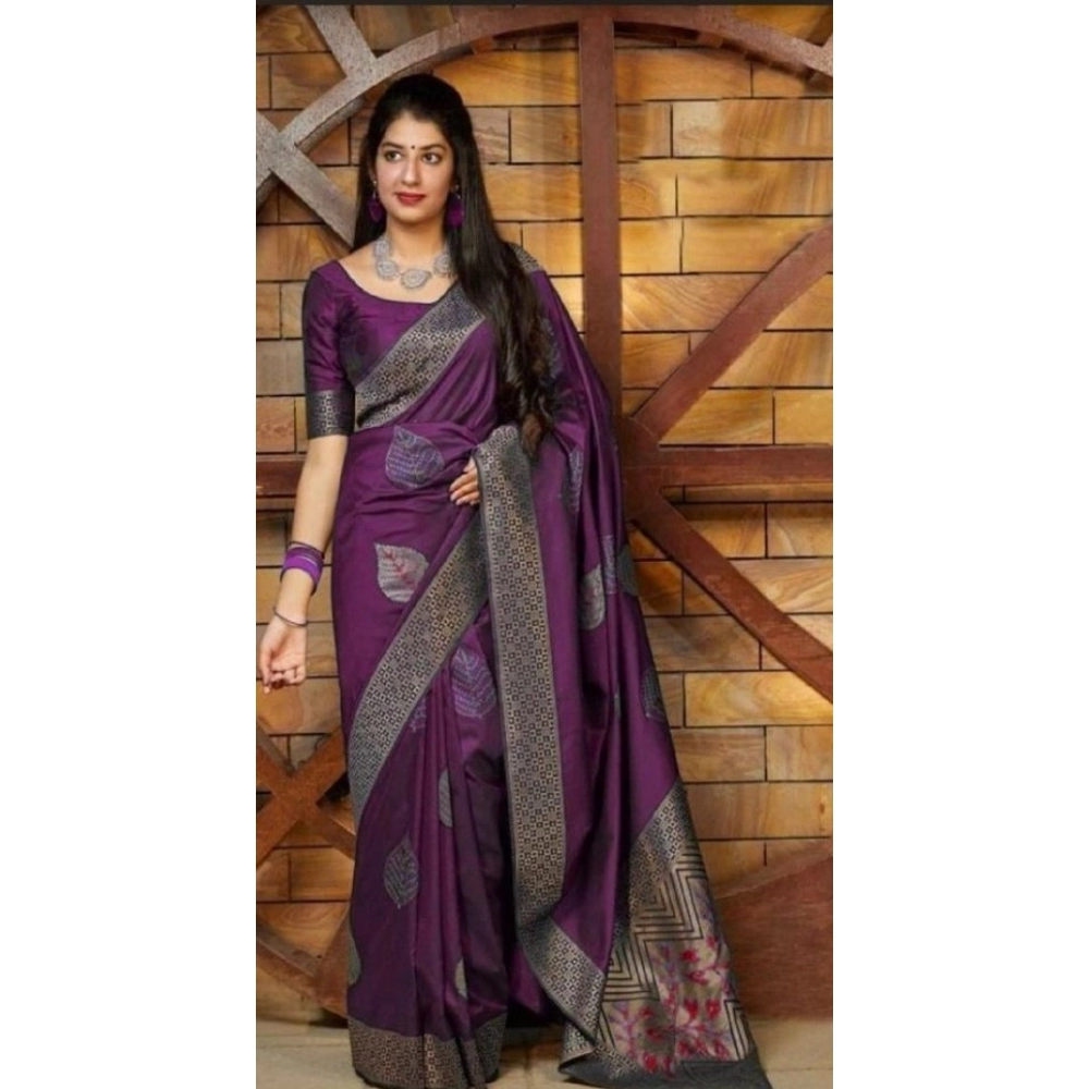 generic women's litchi silk printed saree with unstitched blouse (purple) generic women's litchi silk printed saree with unstitched blouse (purple)