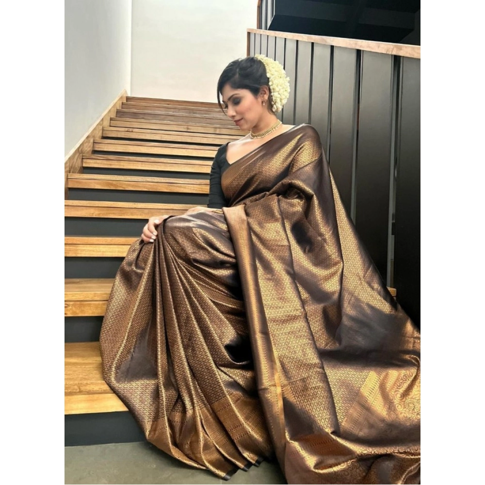 generic women's litchi silk printed saree with unstitched blouse (gold) generic women's litchi silk printed saree with unstitched blouse (gold)