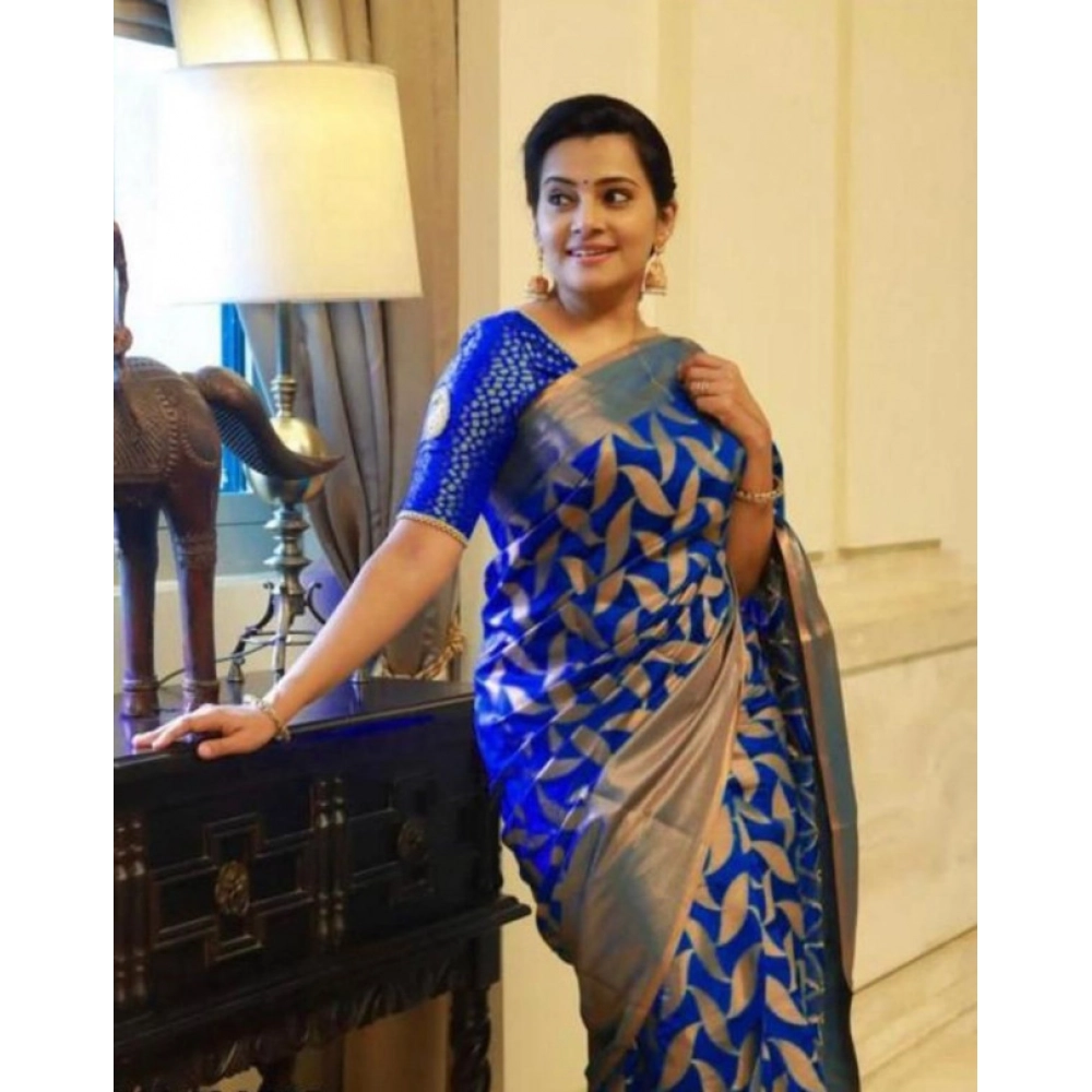 generic women's litchi silk printed saree with unstitched blouse (blue) generic women's litchi silk printed saree with unstitched blouse (blue)
