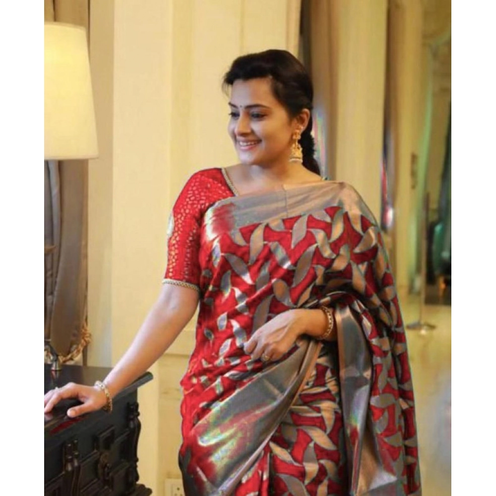 generic women's litchi silk printed saree with unstitched blouse (red) generic women's litchi silk printed saree with unstitched blouse (red)