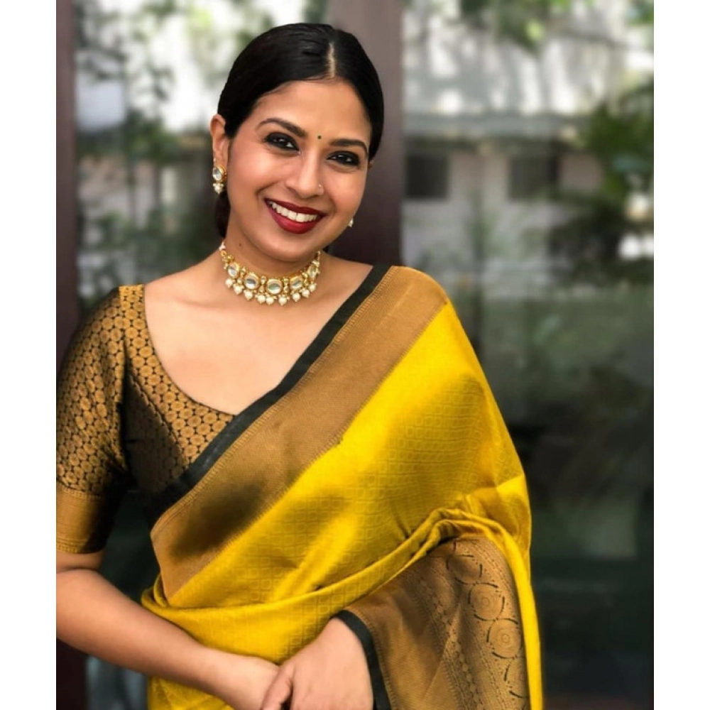 generic women's litchi silk printed saree with unstitched blouse (yellow) generic women's litchi silk printed saree with unstitched blouse (yellow)