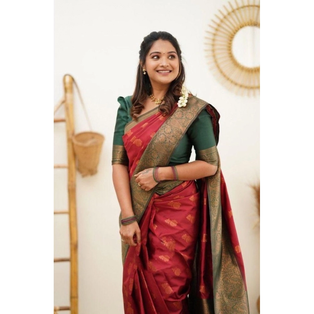 generic women's litchi silk printed saree with unstitched blouse (red) generic women's litchi silk printed saree with unstitched blouse (red)