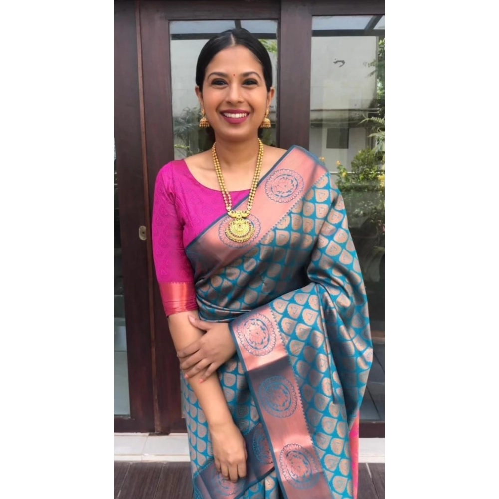 generic women's litchi silk printed saree with unstitched blouse (blue) generic women's litchi silk printed saree with unstitched blouse (blue)