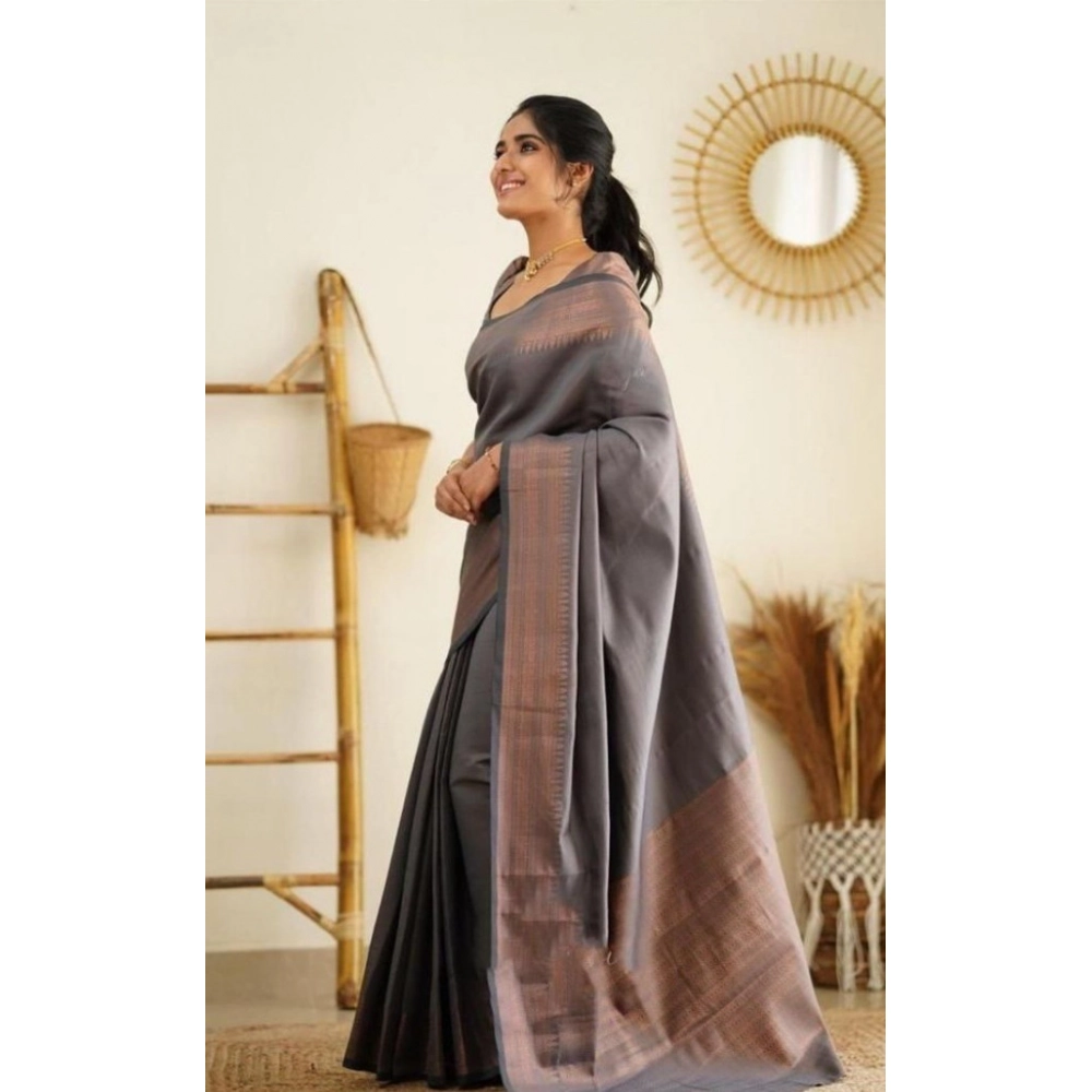 generic women's litchi silk printed saree with unstitched blouse (grey) generic women's litchi silk printed saree with unstitched blouse (grey)