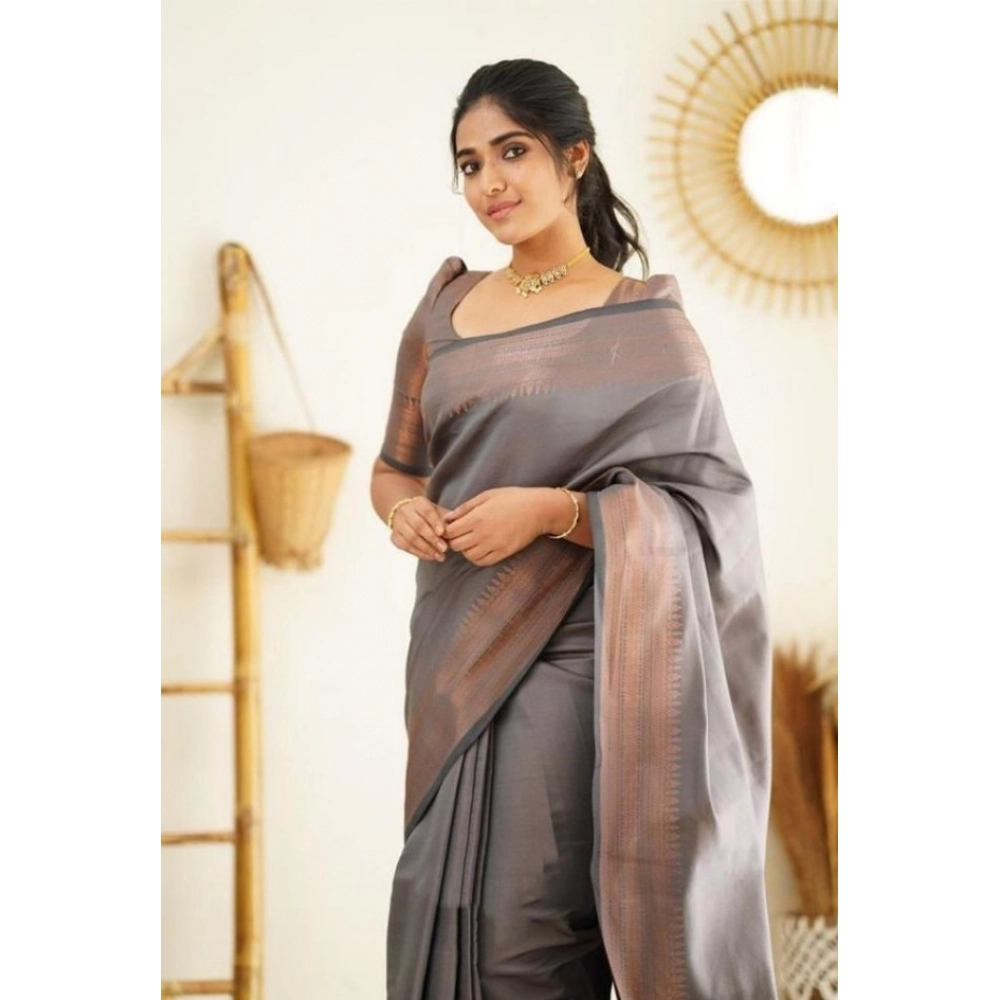 generic women's litchi silk printed saree with unstitched blouse (grey) generic women's litchi silk printed saree with unstitched blouse (grey)