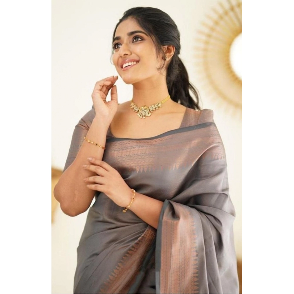 generic women's litchi silk printed saree with unstitched blouse (grey) generic women's litchi silk printed saree with unstitched blouse (grey)